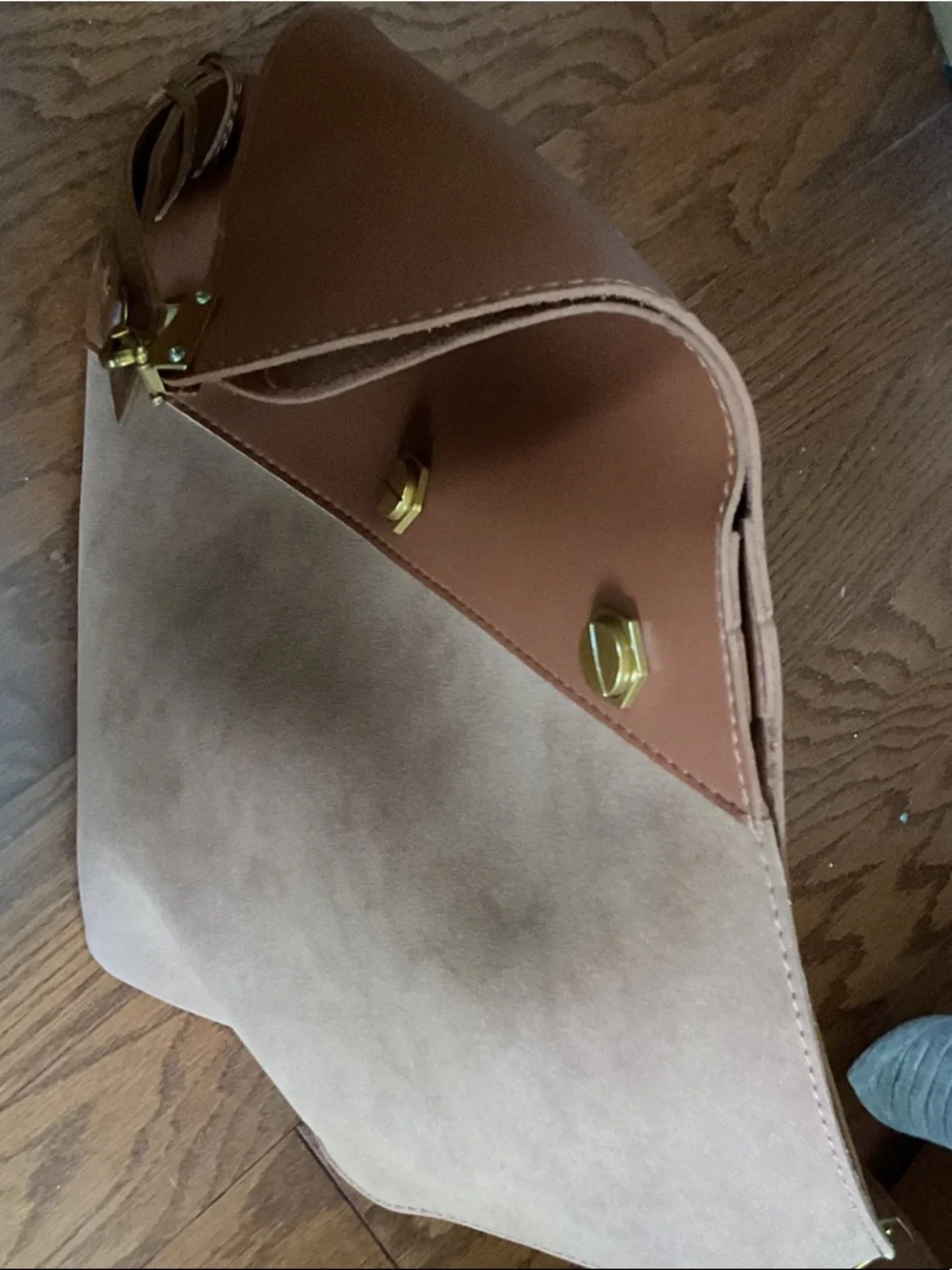 Two-Tone Brown Leather & Suede Messenger Bag with Gold Hardware